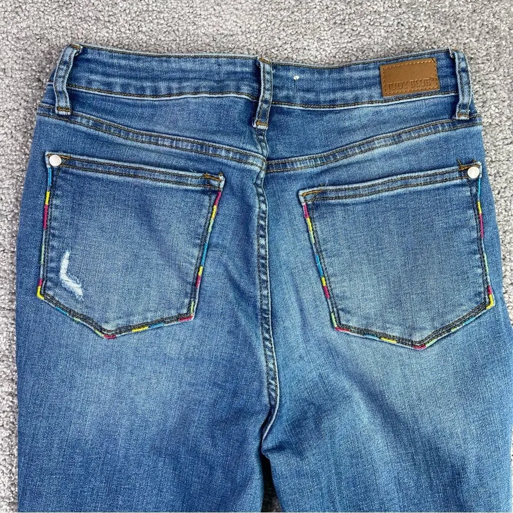 Judy Blue Jeans Women's 7/28 Blue Skinny High Rise Dark Denim Distressed - Image 4