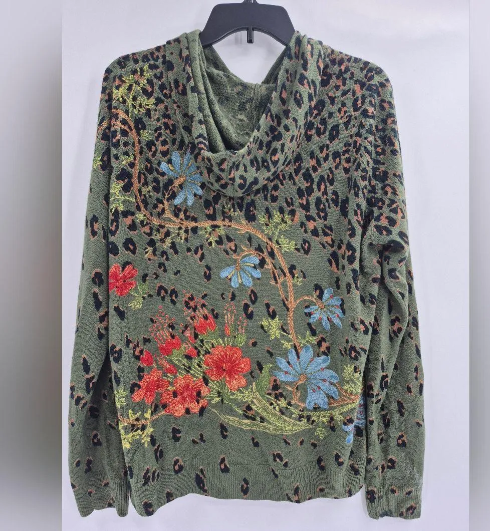 "Til The End" Floral Leopard Print Hoodie Sweatshirt Size XL Green - Image 2