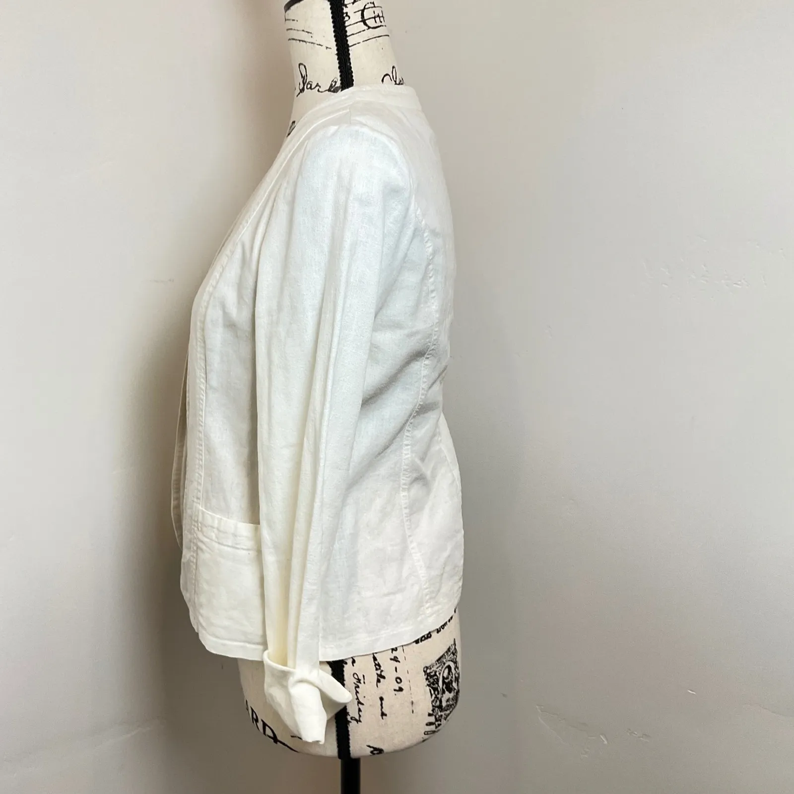 White Linen Blend Open Front Collarless Blazer Jacket Size S - Image 2