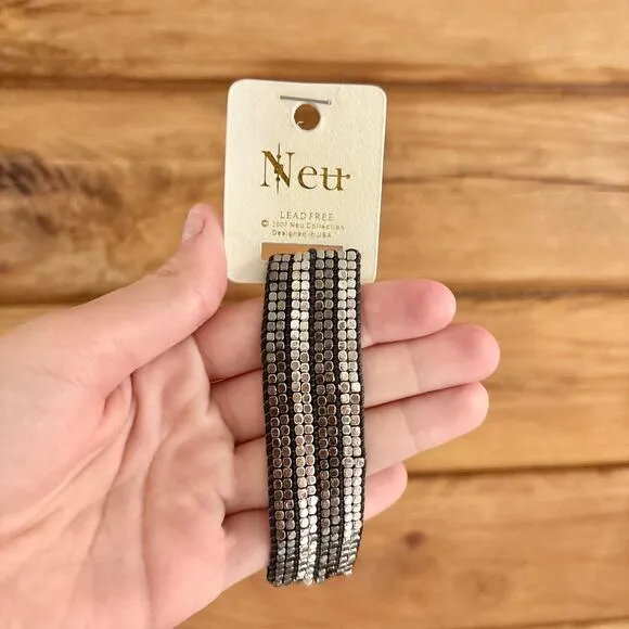 Marlyn Schiff Metal Beaded Woven Cuff Bracelet Silver Bronze Toned Two Toned NEW - Image 2