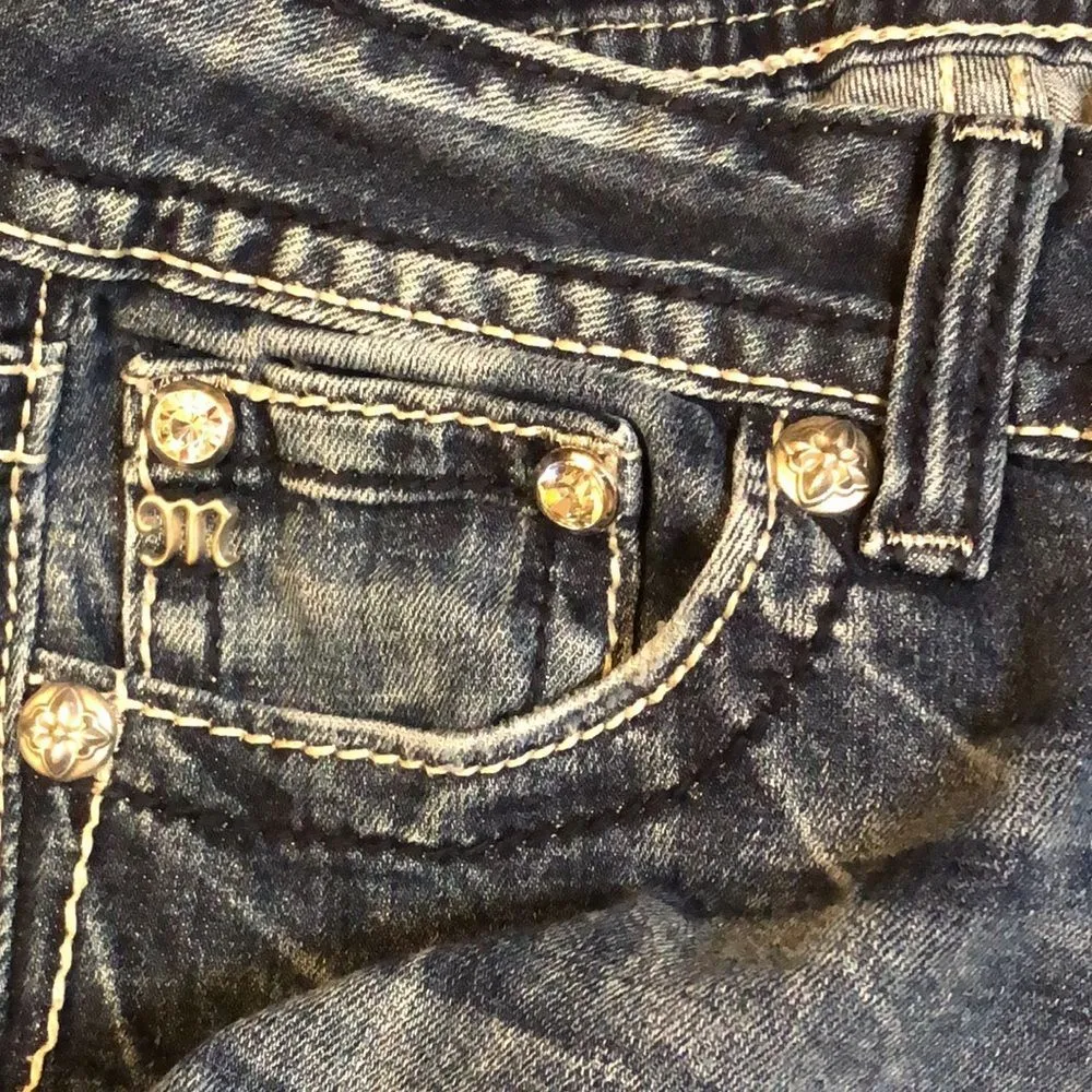 MISS ME Dark Wash Embellished Boot Cut Denim Low Rise Jeans Size 28x31 TAG 28x34 - Image 15
