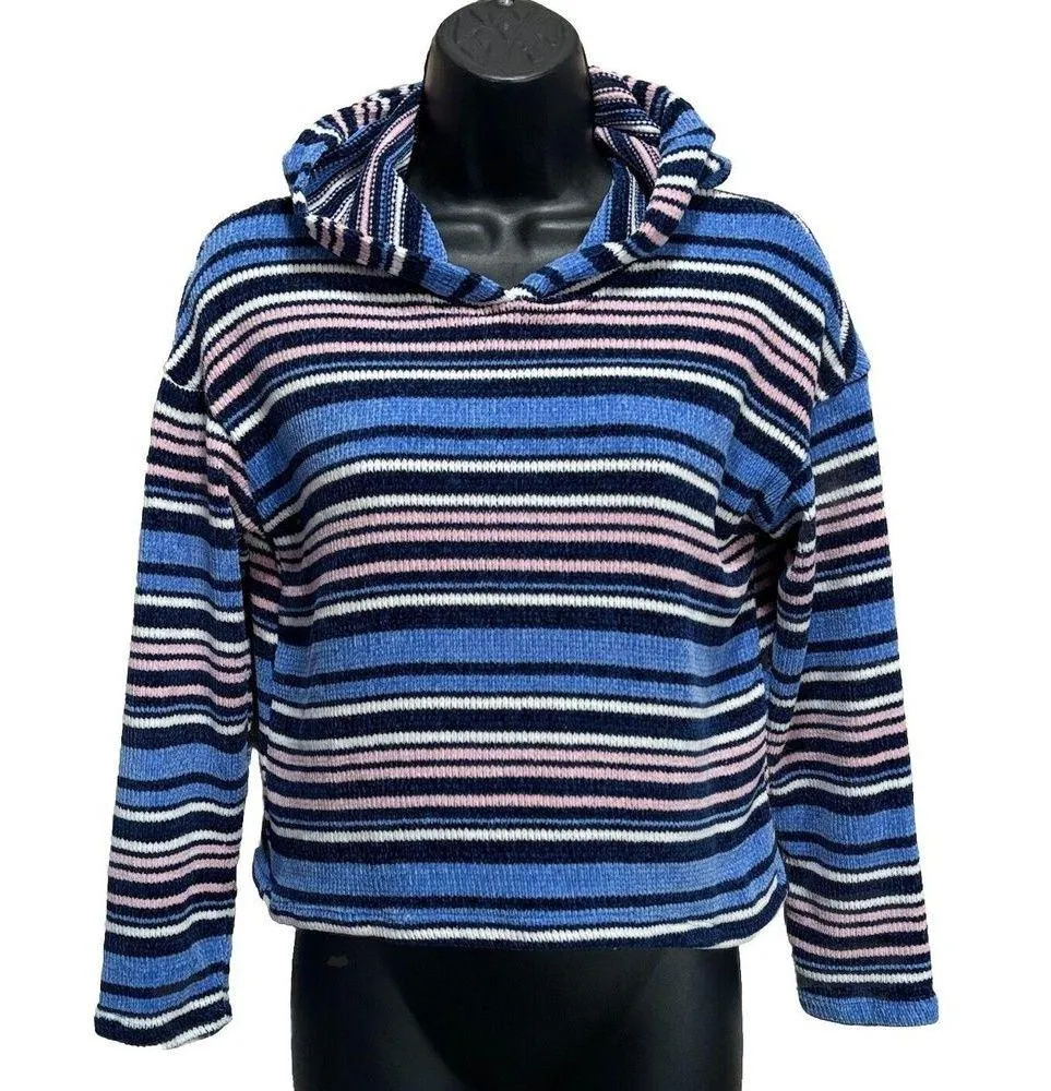 Unbranded Blue/Pink/White Striped Chenille Hood Sweater Long Sleeve See Measure Blue Size undefined - Image 1
