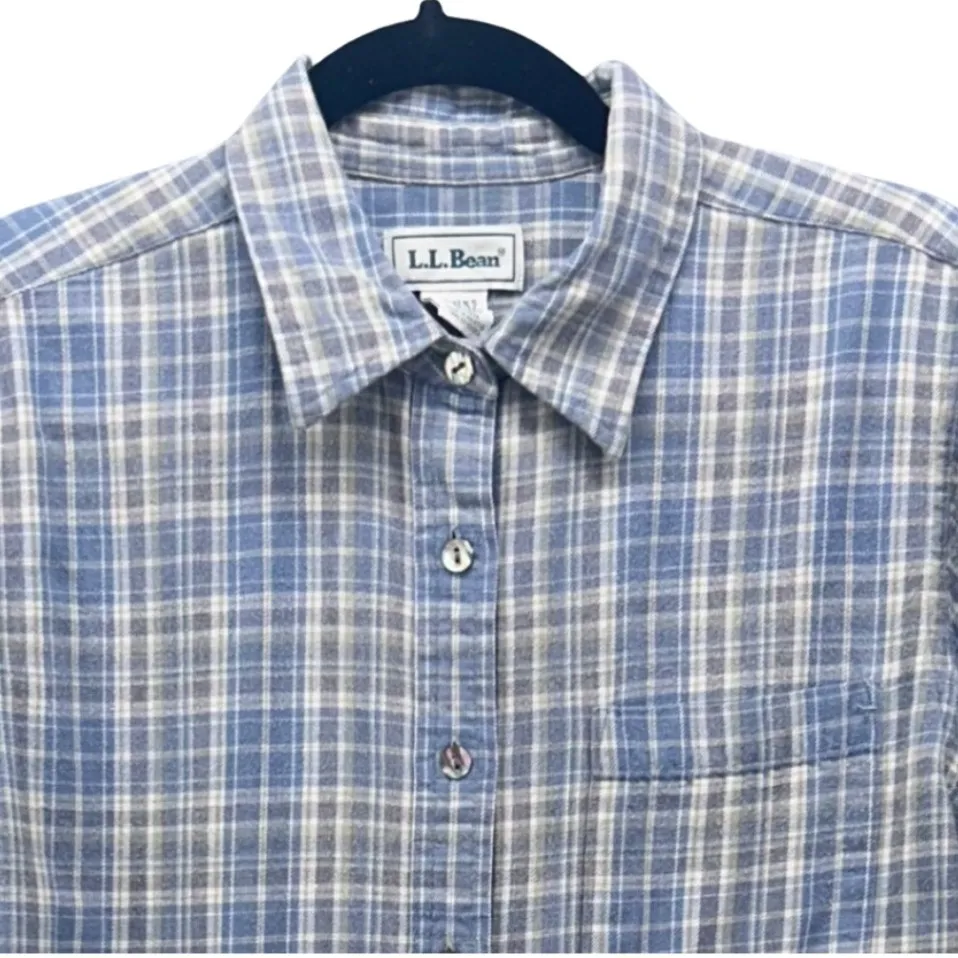 LL Bean Womens Flannel Shirt Size M Retro Plaid Button Down‎ Cozy Fuzzy Comfy Blue Size M - Image 3