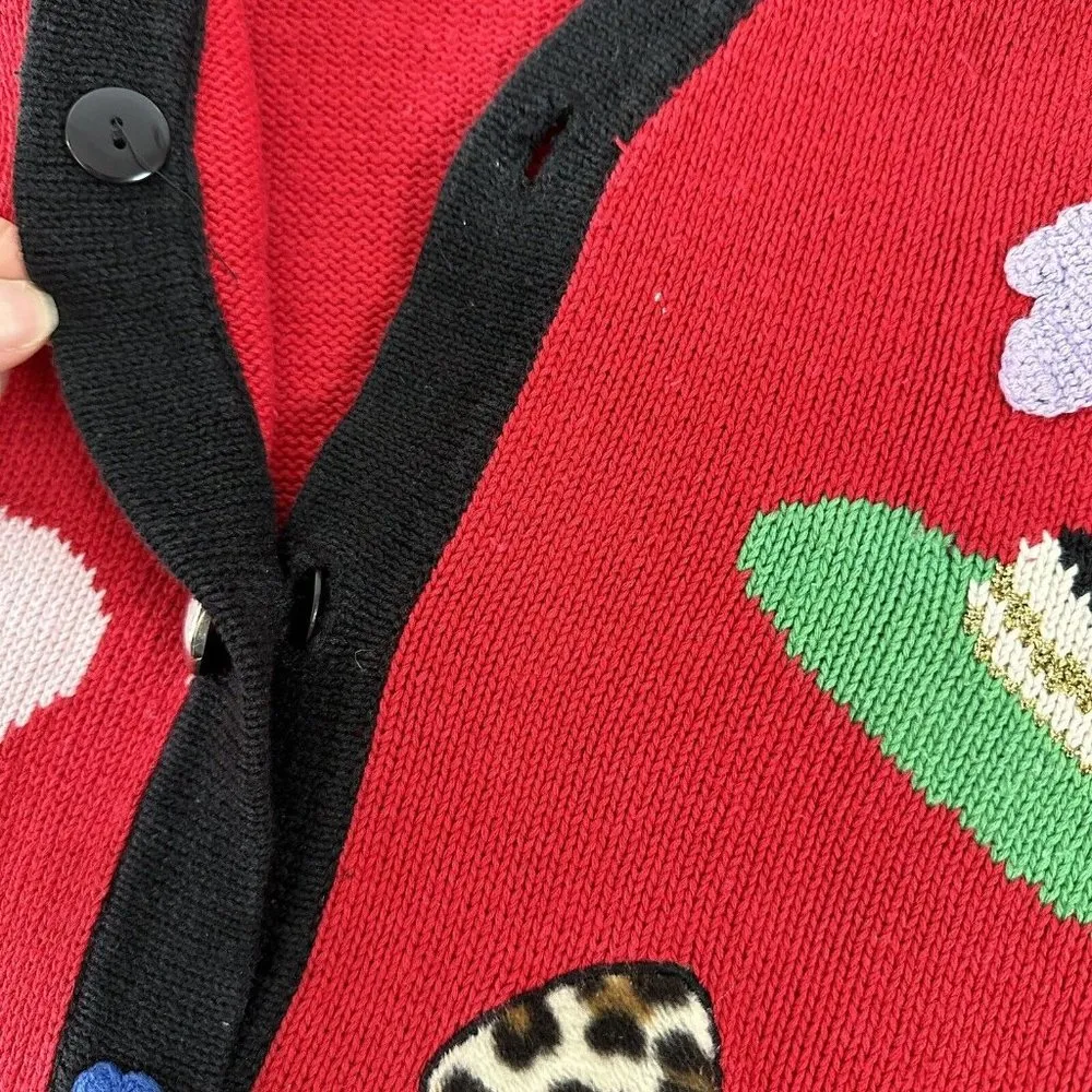 Vintage Berek Hand Knit Cardigan Sweater Womens Large Red Cat Hats Argyle - Image 8