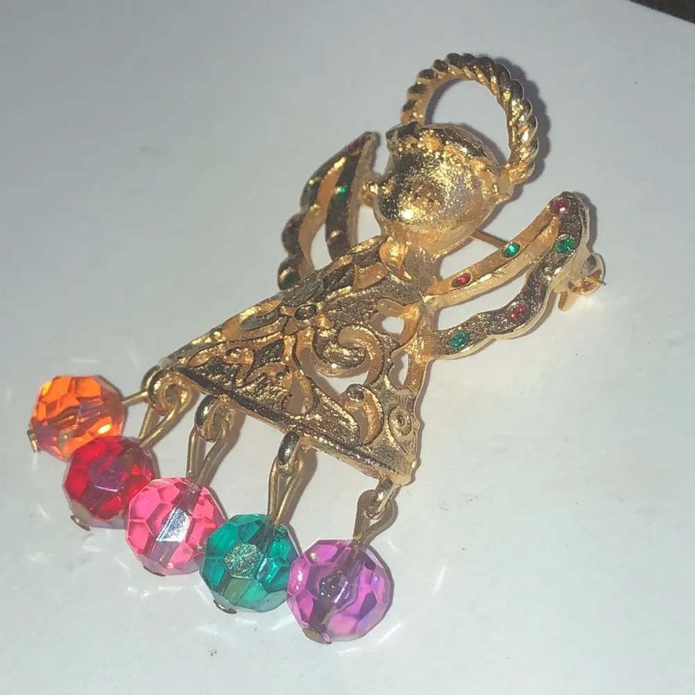 Lancer II Gold Tone Colorful Vintage CZ Rhinestone Beaded Angel Pin - Image 3
