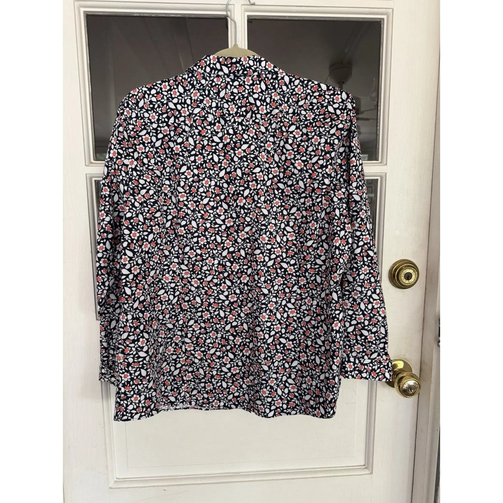 Lands' End Supima Blouse No Iron Women's Button Up Floral Shirt Navy Petite 16P Blue - Image 4