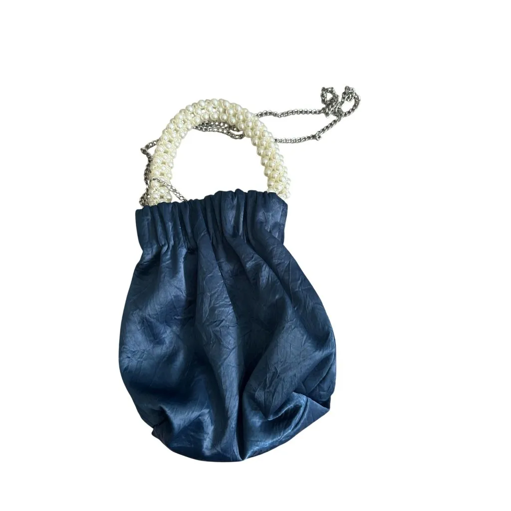 ZARA Pearl Embellished Handle Blue Cocktail Bag with Strap - Image 3