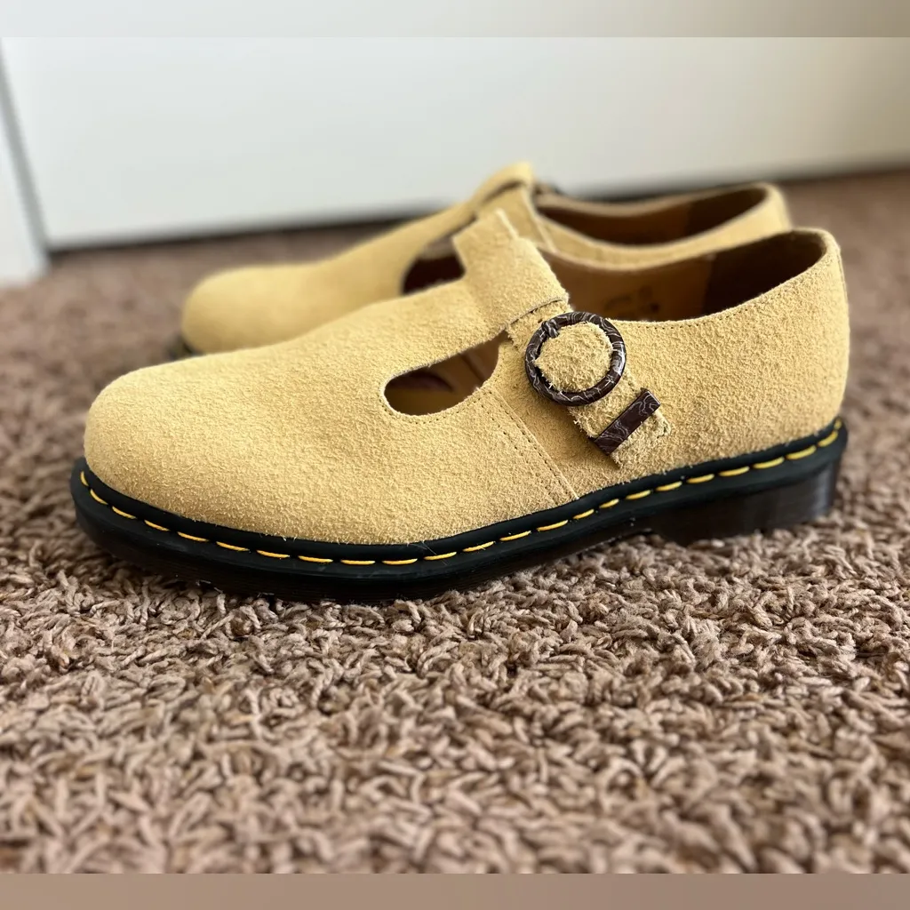 NEW Dr Martens T-Bar Hazy Yellow Long Napped Suede Mary Jane Shoes WMS 10 Men’s9 - Image 4