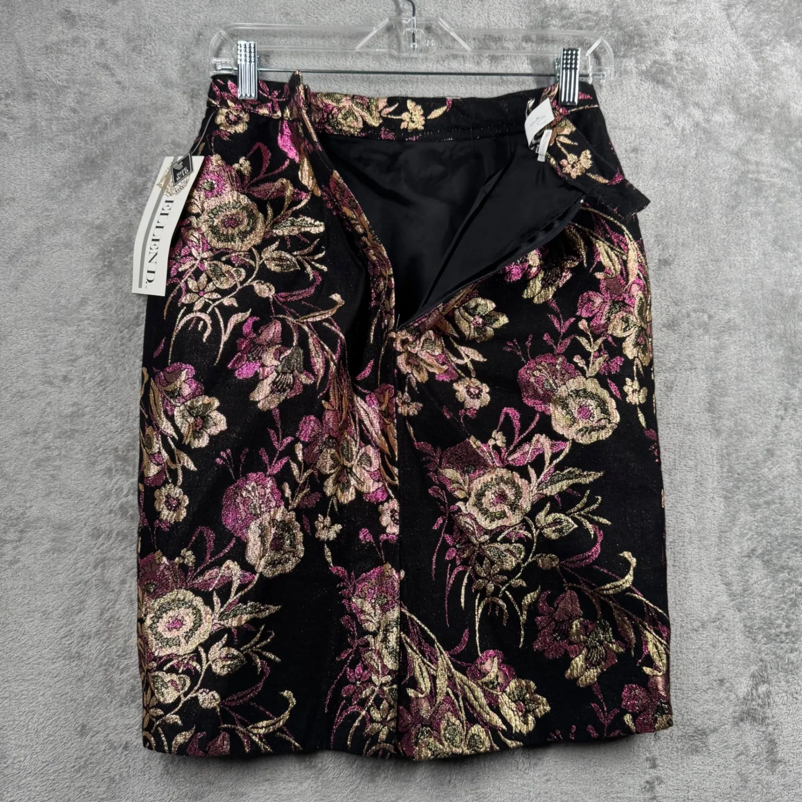 Ellen D Skirt 4 Metallic Brocade Floral Mini Pink Gold Black Party Club Glam Y2K - Image 4