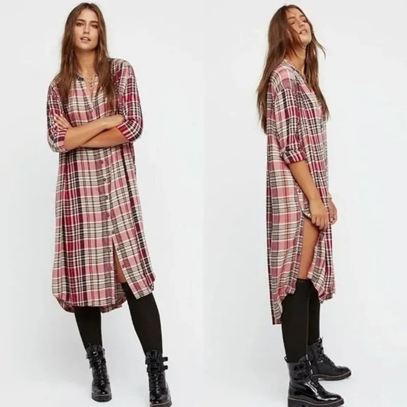 Free People Loralei Plaid Button Down Tunic Shirt Dress Size XS Boho Holiday - Image 2