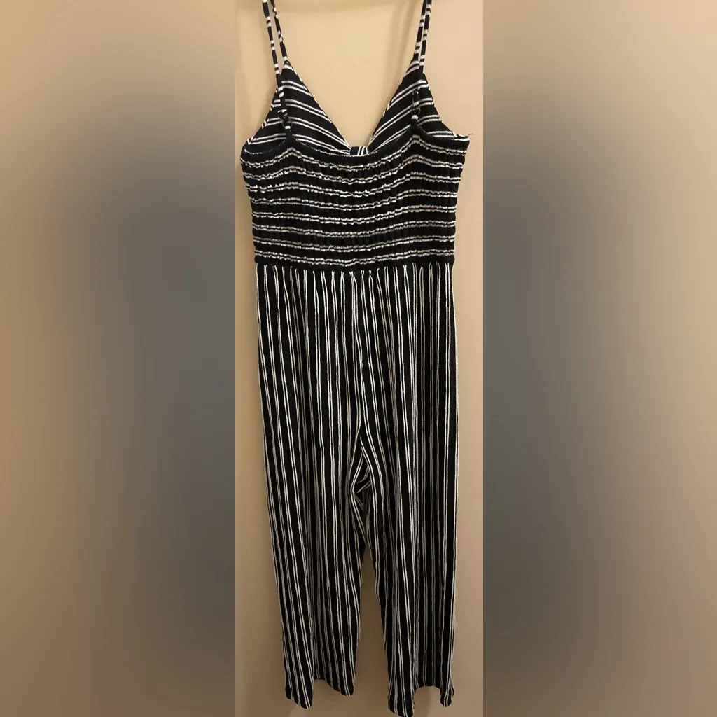 Eyeshadow Jumpsuit Romper Wide Leg Spaghetti Straps Ruche Tied Black White XS - Image 6