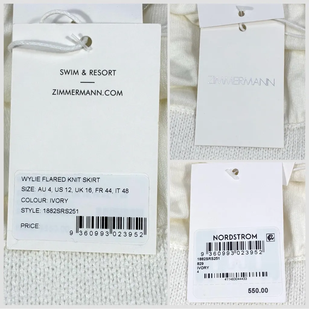 Zimmermann Wylie Flared Cotton Sweater Knit Midi Skirt Ivory US 12 AU 4 NWT - Image 6