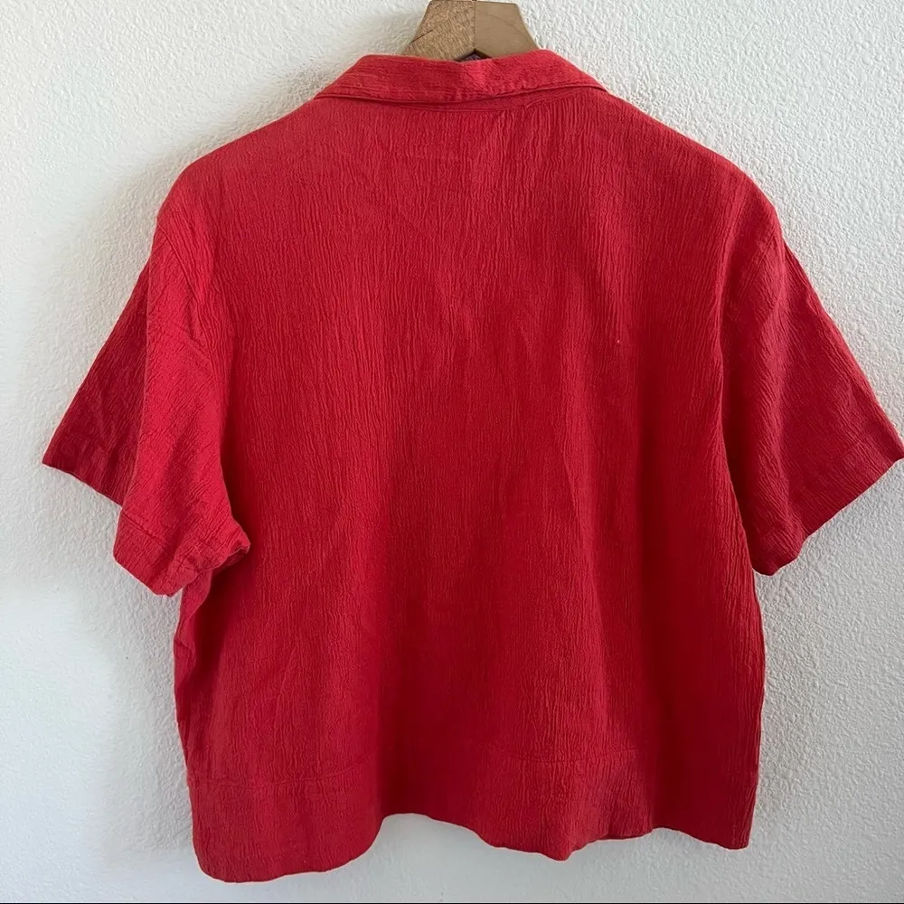 Chico's Crinkle Cotton Button Front Collar Top Modest Mature Red Orange XL - Image 4