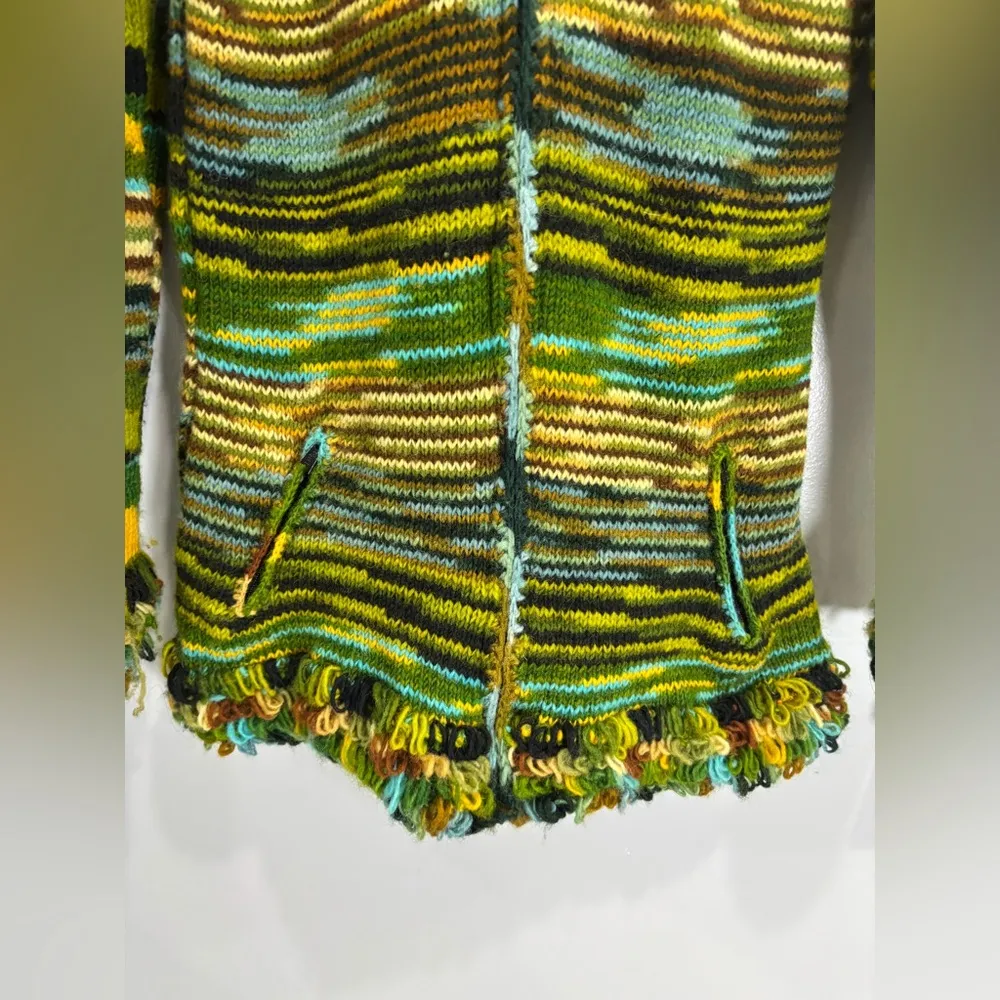 100% Wool Jacket Chunky Pixie Hood Knit Unisex Boho Fleece Lined Warm Cardigan Yellow Size L - Image 11