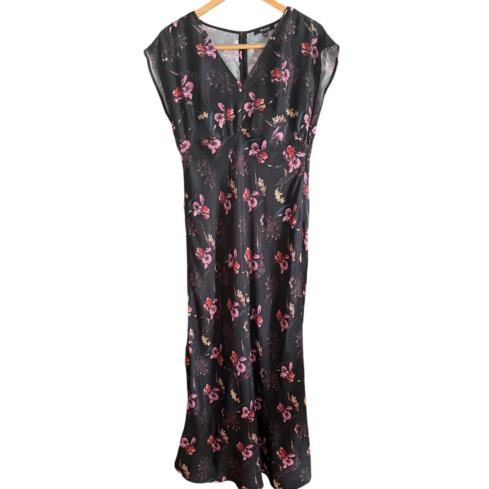 MADEWELL | Black Floral Wide V Neck Midi Dress Vegan Silk 1920s Style | Size 8 - Image 2