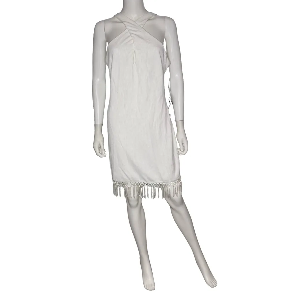 Adrianna by Adrianna Papell Women's Halter-Neck Fringe-Trim Sheath Dress Sz 12 - Image 2