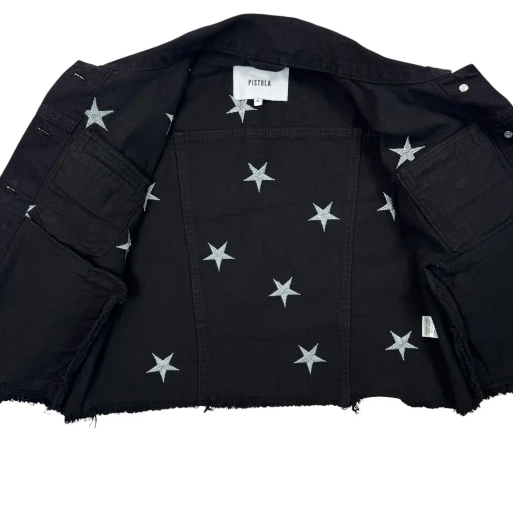 PISTOLA Brando Star‑Embroidered Denim Jacket S Black Raw Hem Silver Stars - Image 6