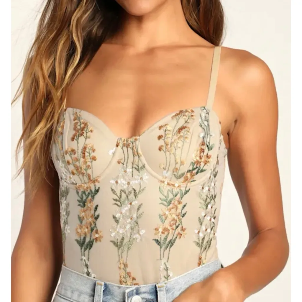 Lulus XS Embroidered Floral Mesh Bodysuit Beige Nude Sheer Corset Bustier Style - Image 11