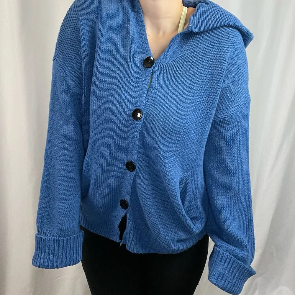 Vintage Large Slouchy Hooded Chunky Cuffed Ribbed Cardigan Shacket Jacket Blue - Image 5