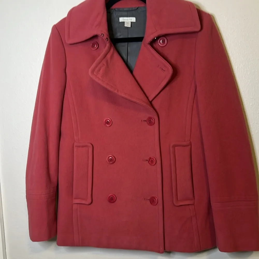 Garnet Hill Coral Orange Pink Wool Blend Double Breasted Pea Coat 6 - Image 3