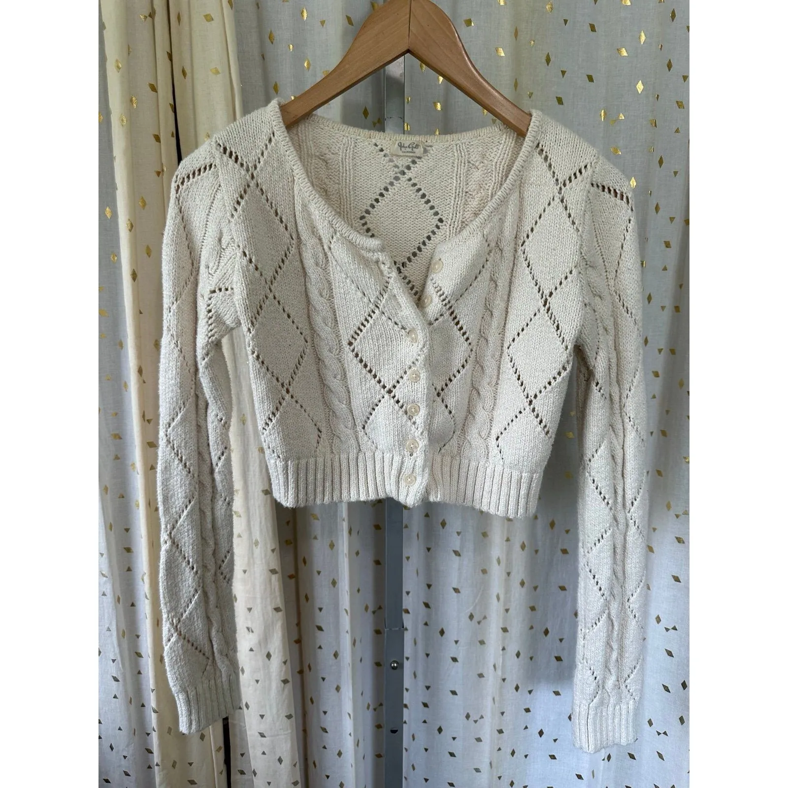 PacSun John Galt Cream Agnes Chunky Corded Rib Sweater Pointelle Crop Cardigan - Image 3