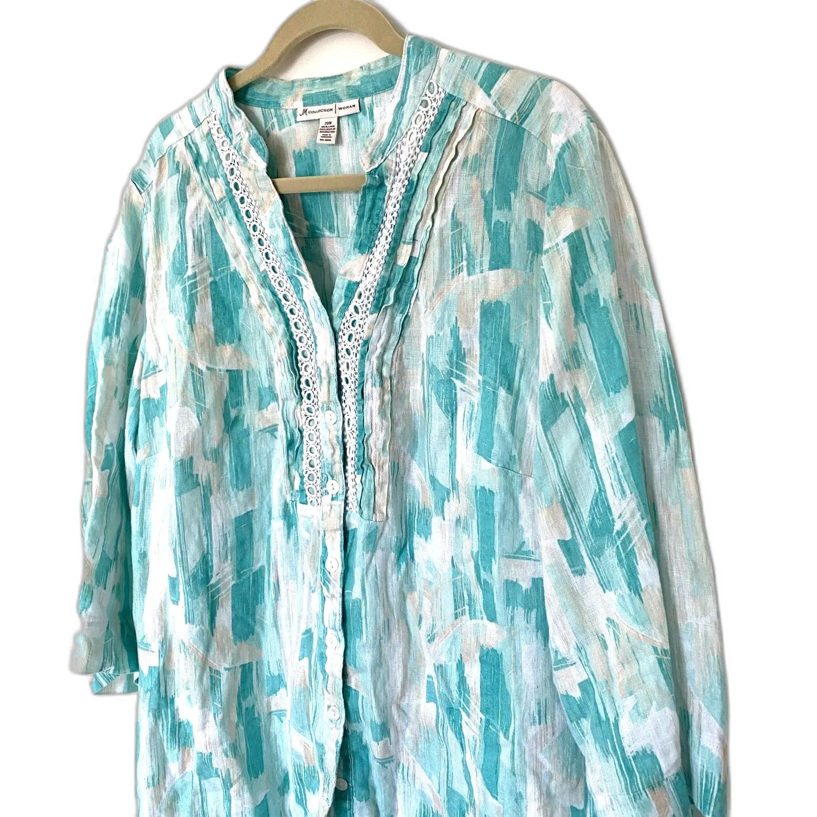JM Collection Linen Blend Button Up 3/4 Sleeve Shirt Lace Trim Feminine Style 20 Green Size 20W - Image 9