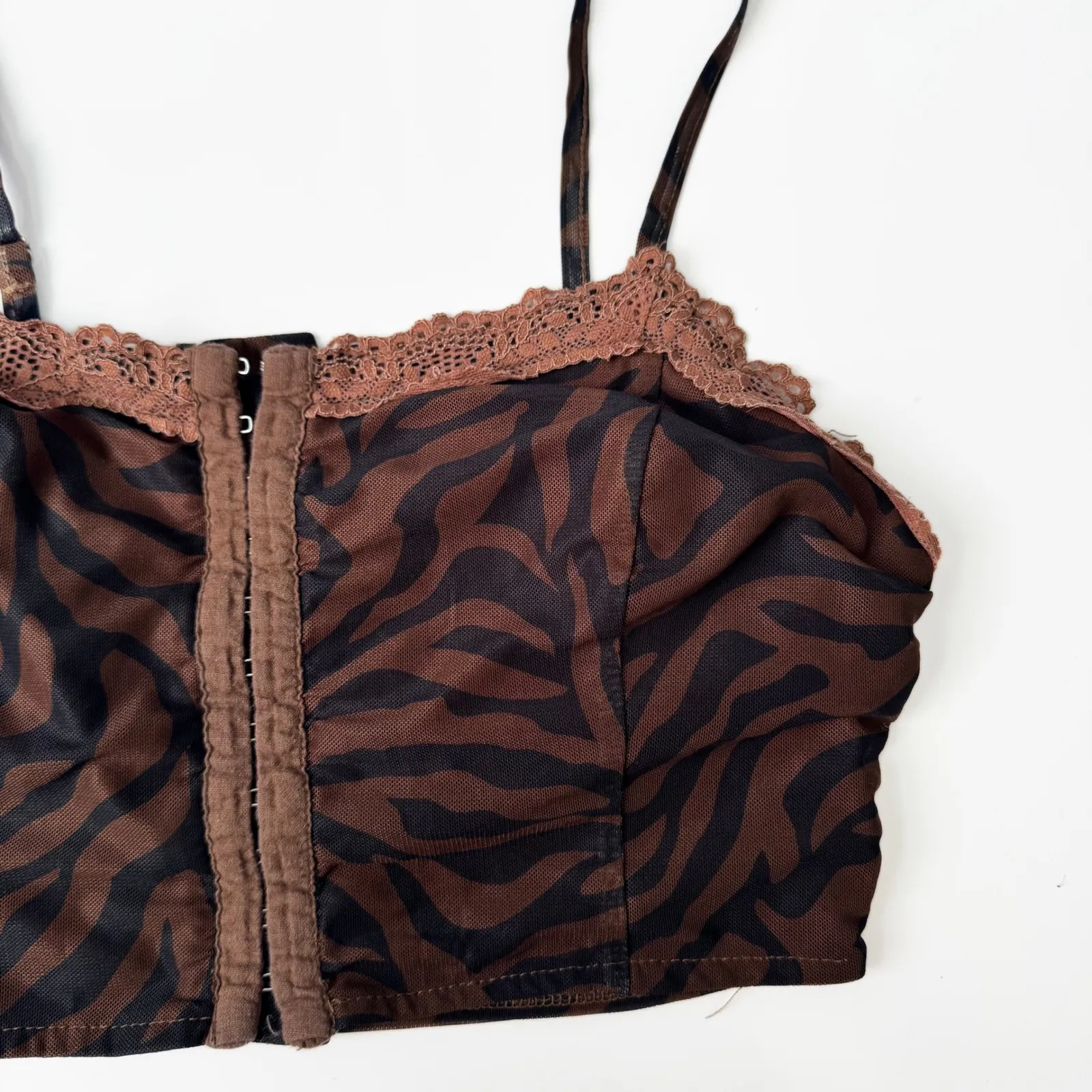 Y2K Zebra Print Cami Top Lace Trim Corset Style Brown Sleeveless‎ - Image 3