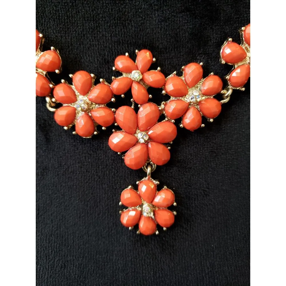 Women's Orange Flower Statement Necklace Lobster Clasp Gold Tone Sparkly Bold - Image 3