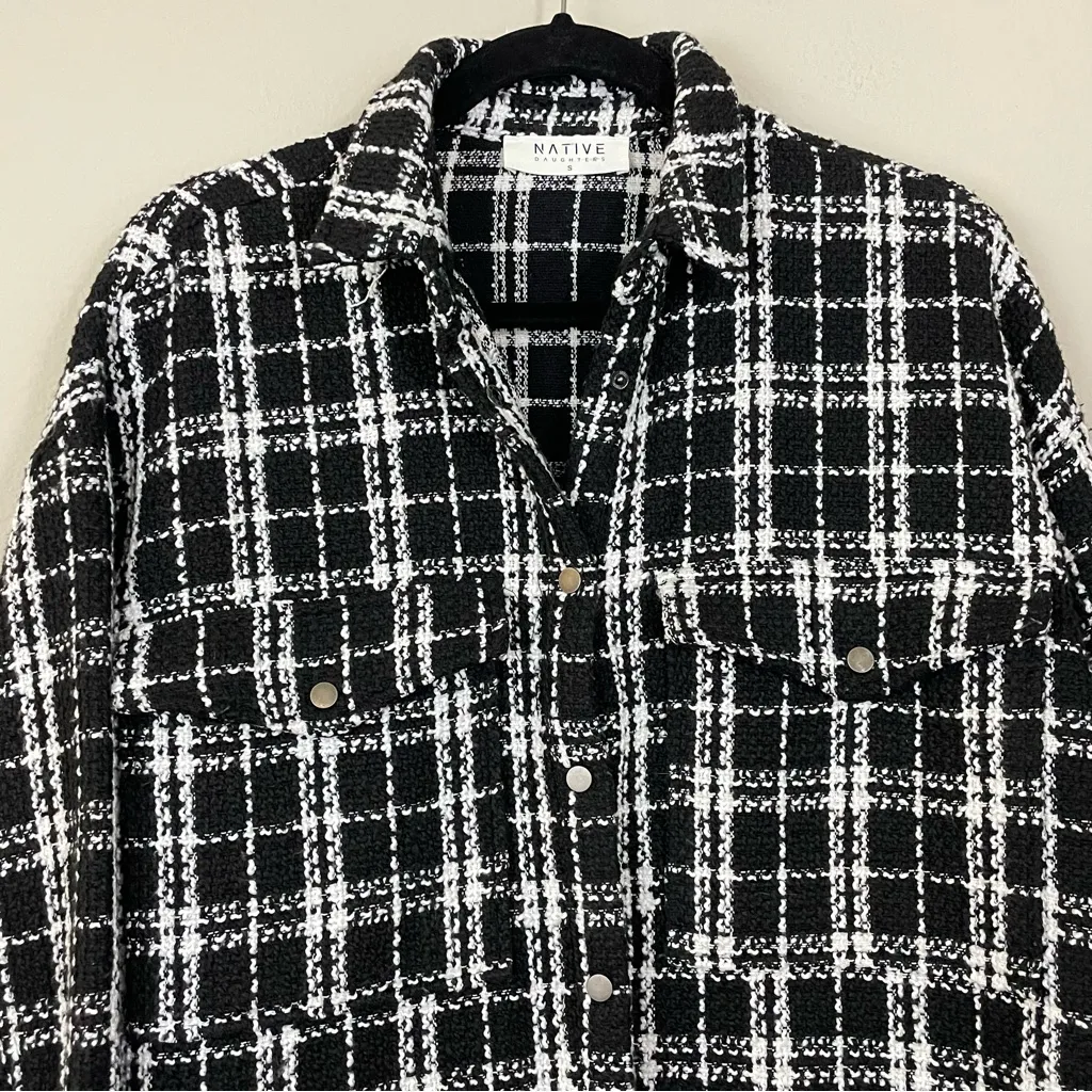 NATIVE‎ DAUGHTERS Black Plaid Oversized Frayed Shirt Jacket Shacket Size Small - Image 6