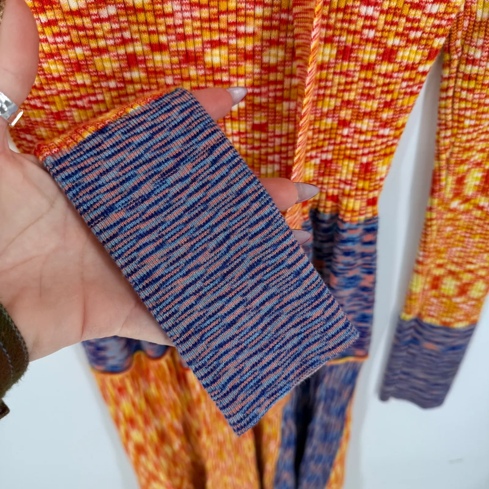 Scoop Sweater Dress Lg Space Dye Midi Orange Blue Ribbed Belted 70s Retro - Image 5