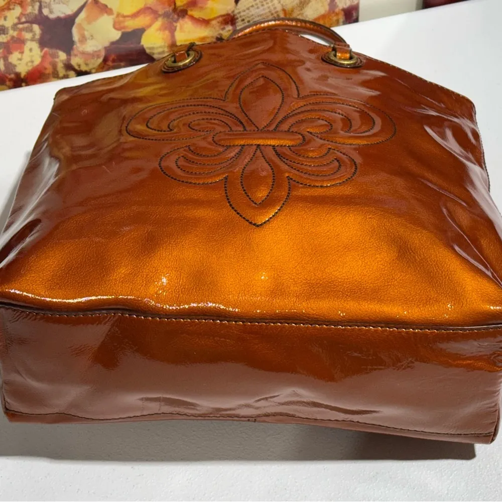 Gianni Bini Tote Handbag Large Double Handle Shiny Bronze Brown Fleur De Read De Orange - Image 12