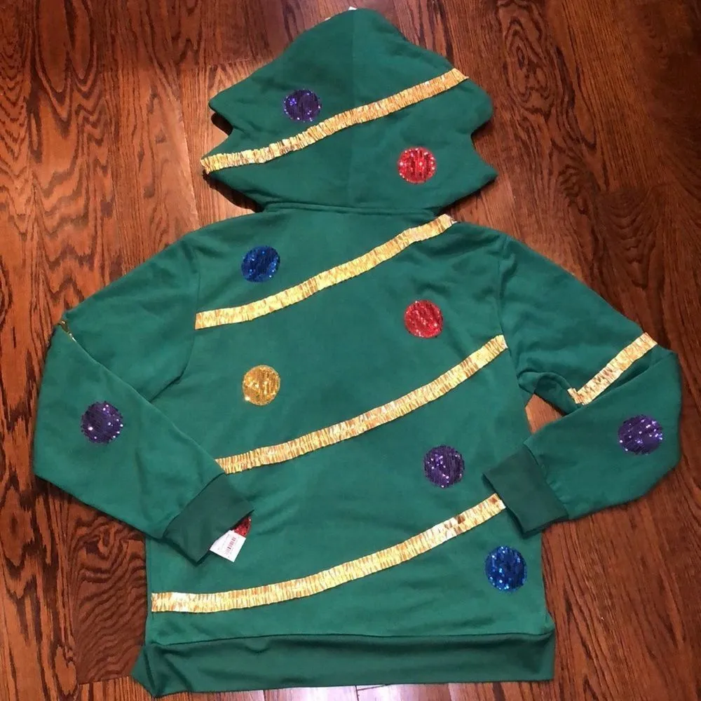 UNISEX Full Zip Sequin Ornaments & Gold Tinsel Christmas Tree w Pocket Sz XL NWT Green - Image 3