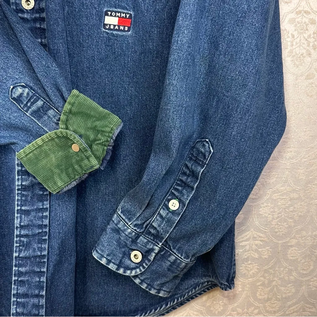 Tommy Jeans Vintage Denim Button Down Shirt Green Corduroy Collar & Cuffs XL - Image 2