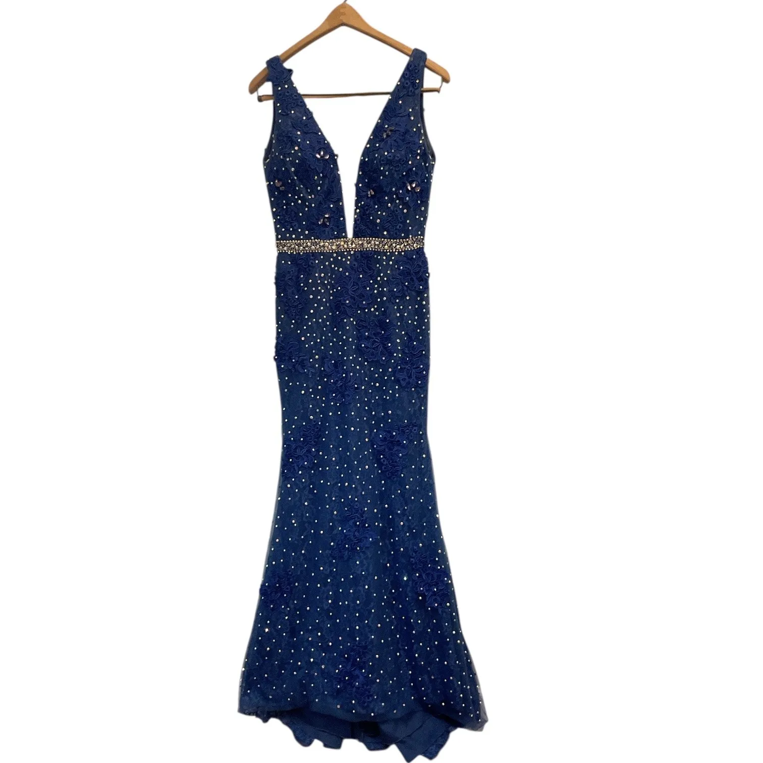 Panoply Navy Blue Beaded Lace embroidered V Neck Prom Evening Gown Dress Size 8 - Image 3