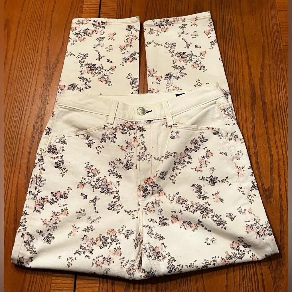 Rag & Bone Ellie High Rise Crop Ankle Jeans in Micro Pink Floral White‎ Size 28 - Image 9