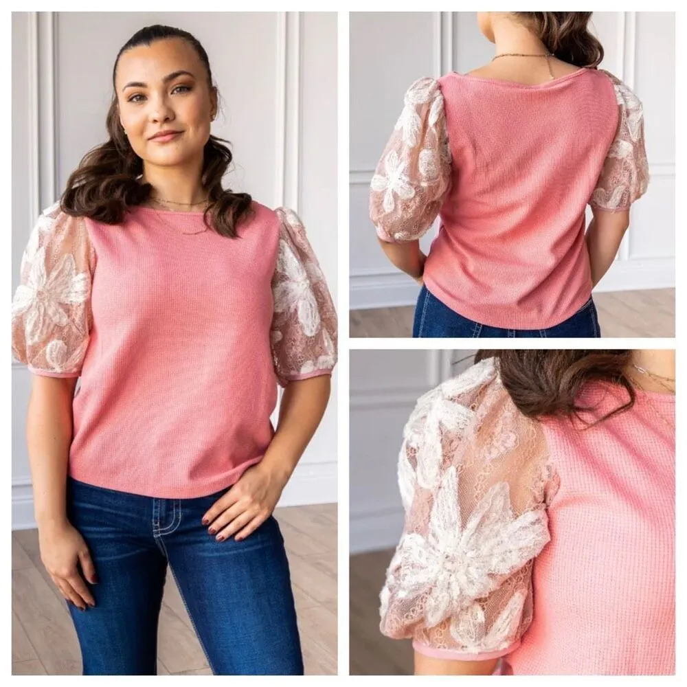 Grace + Emma MIDNIGHT BLOSSOM PINK SEQUINS FLORAL PUFF SLEEVE Top Size Medium - Image 2