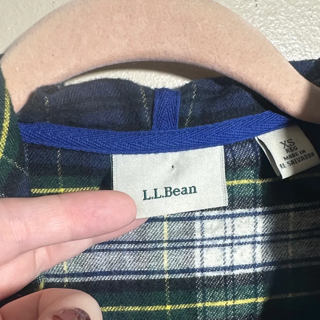 L.L. Bean Green Blue Plaid Flannel Hooded Comfy Pullover | XS - Image 2