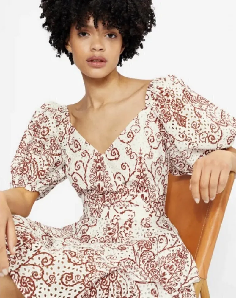 TED BAKER Elizaaa Broderie Mini Dress With Puff Sleeves White Print 8-10 US NWT - Image 3