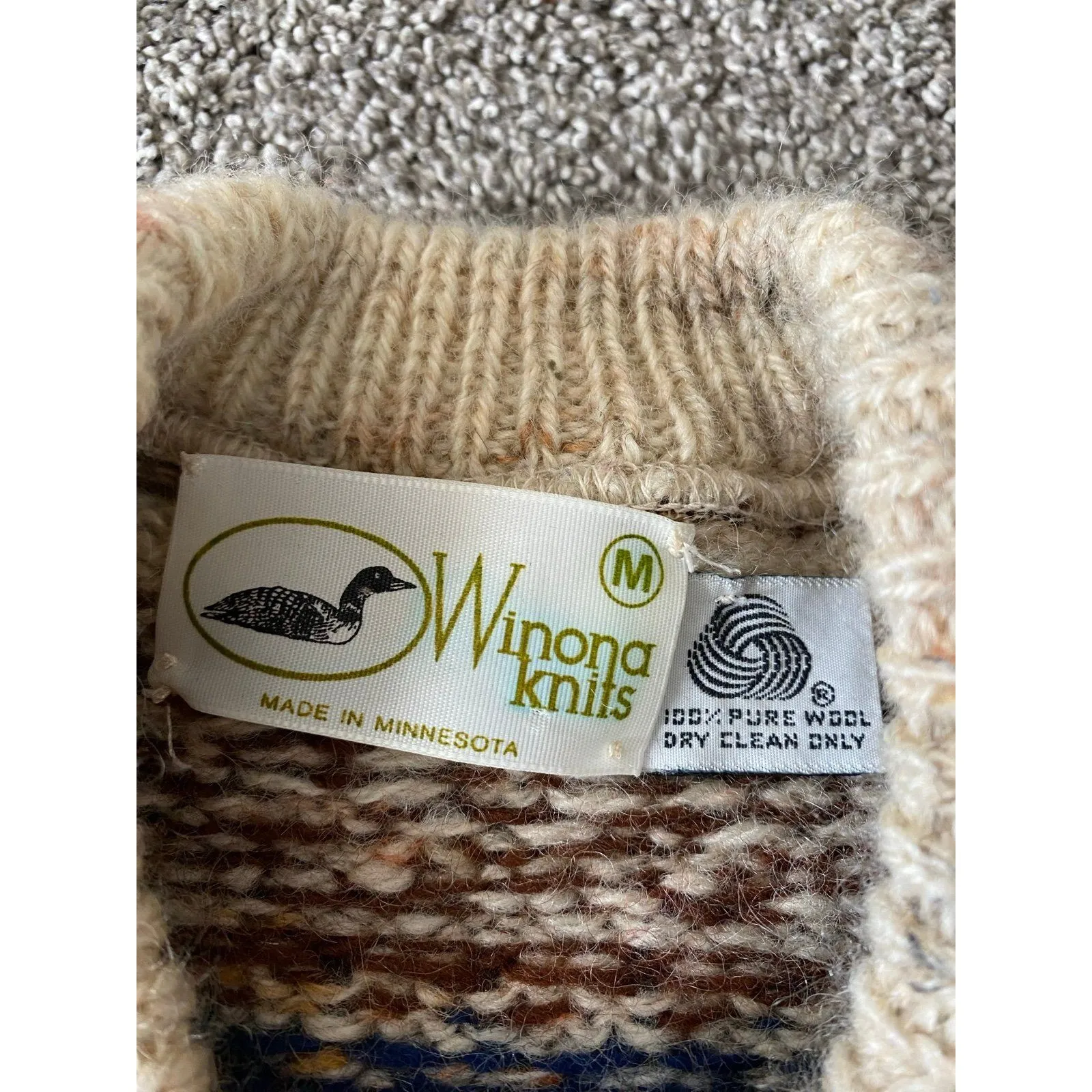 Winona Knits Wool Fair Isle Sweater Made in Minnesota Size Medium Tan - Image 3