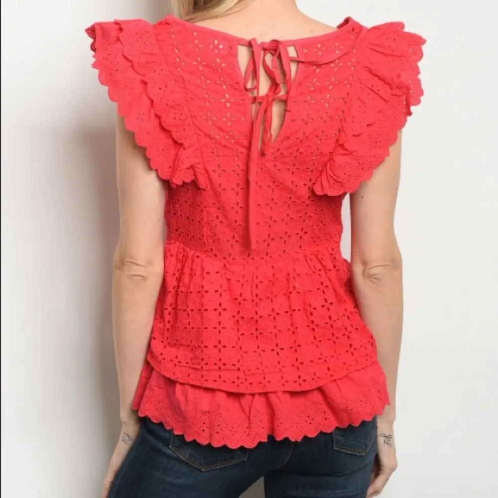 Ruffled Eyelet Top Red V Neck Blouse - Image 2