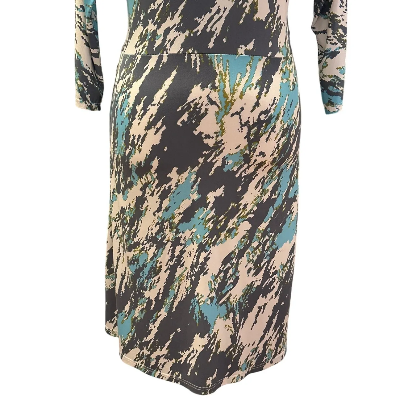 Veronica M Faux Wrap Midi Dress Long Sleeve White Gray Blue Pattern S Excellent - Image 6