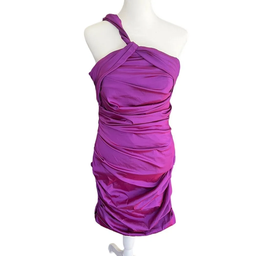Theia Iridescent Purple One Shoulder Ruched Cocktail Dress – Size 8 - Image 2