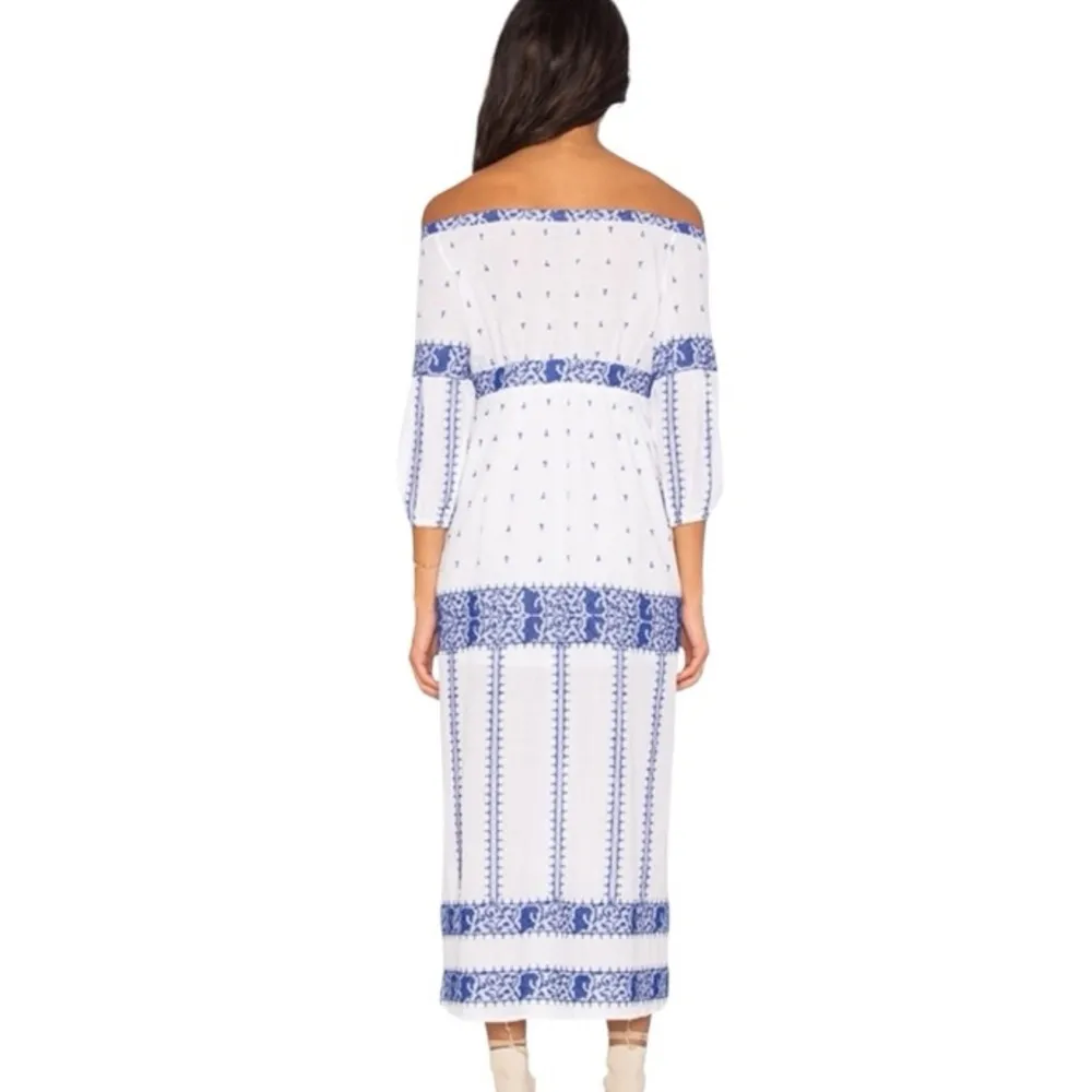 Bardot x Revolve Santorini Laced Off The Shoulder Maxi Dress in White/Blue - Image 3