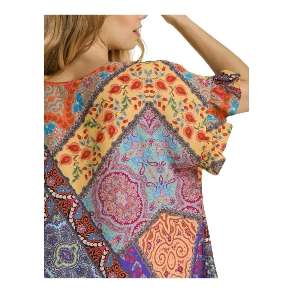 Umgee Mix Print Top Ruffled Short Sleeves XL Mango Mix V-Neck Boho Side Slits - Image 3