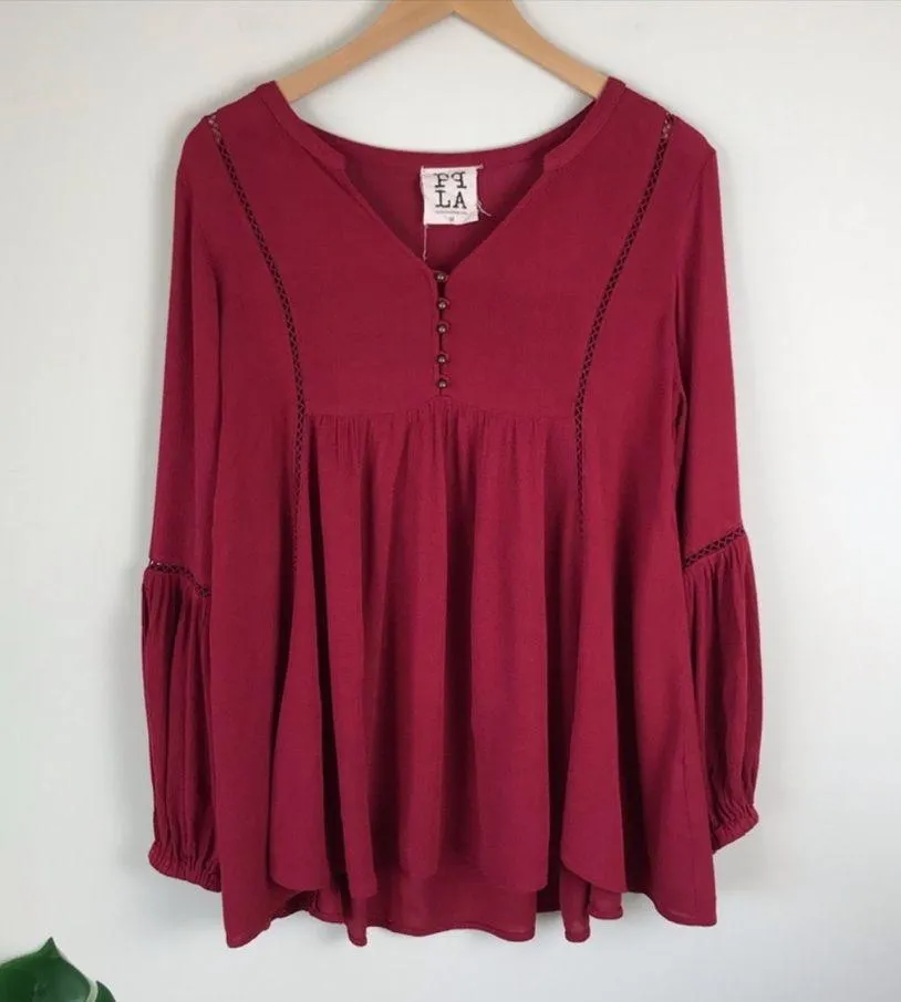 PPLA Xander Peasant Blouse Bell Sleeve Women's Size Medium Red Bohemian - Image 9