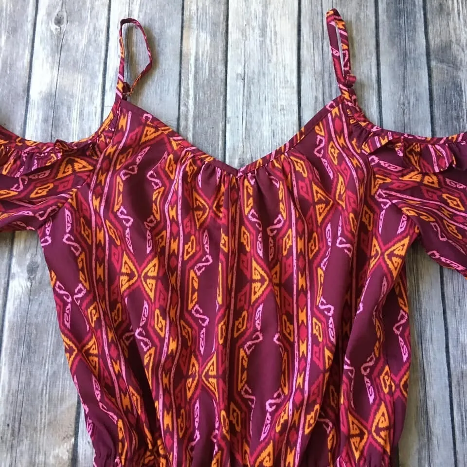Boho Short Romper Junior Women XS Jumpsuit Tribal Cold Shoulder 1 Piece Coverup Pink - Image 3