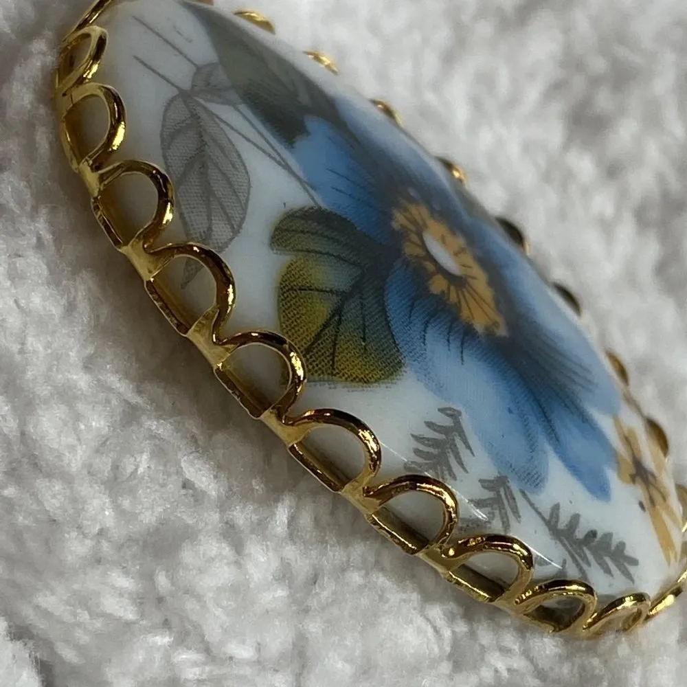 Oval Shape Painted Pansy Flower Vintage Pin Brooch Scalloped Edging Gold Color - Image 8