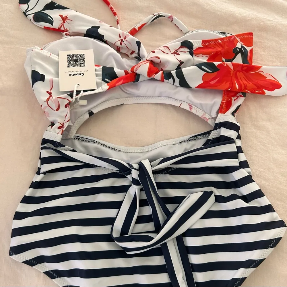 cupshe striped halter floral tie cut out padded boho one piece swimsuit small - Image 7