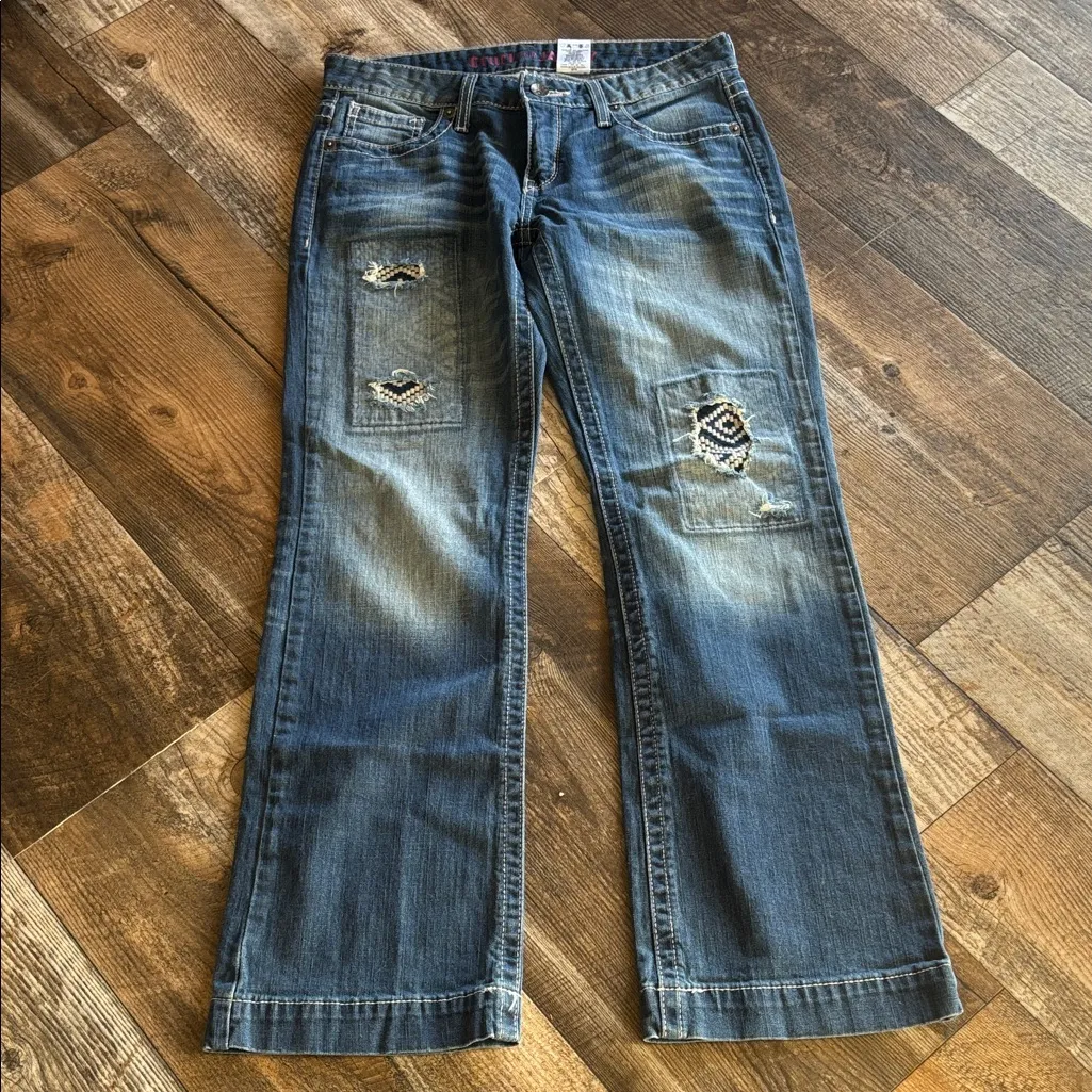 Cruel Girl Blue Flare Jeans w Distressing and Patches size 28 - Image 3