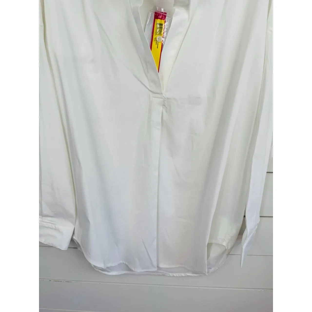 CATHERINE MALANDRINO Womens Size M Classic White Collared V Neck Long Sleeve Top - Image 4